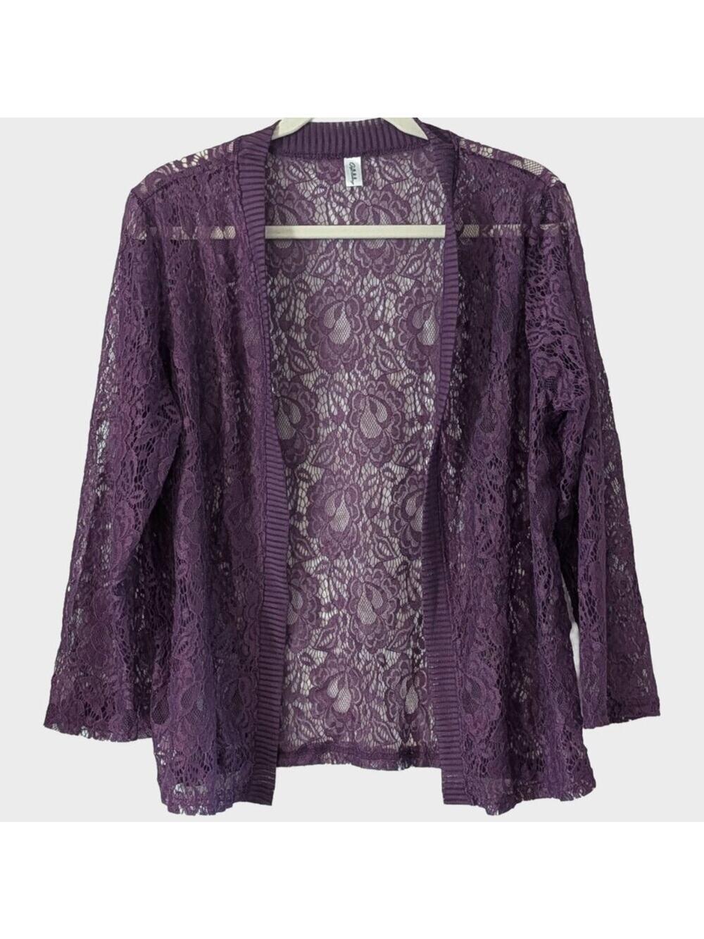 Sheer Lace Kimono Cardigan Large Purple Floral Open Front Cover Up Boho Romantic